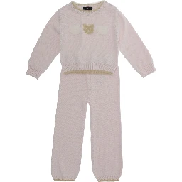 Pink Ensamble with bear embroidery on the front and contrasting trims in Blend cotton and wool baby