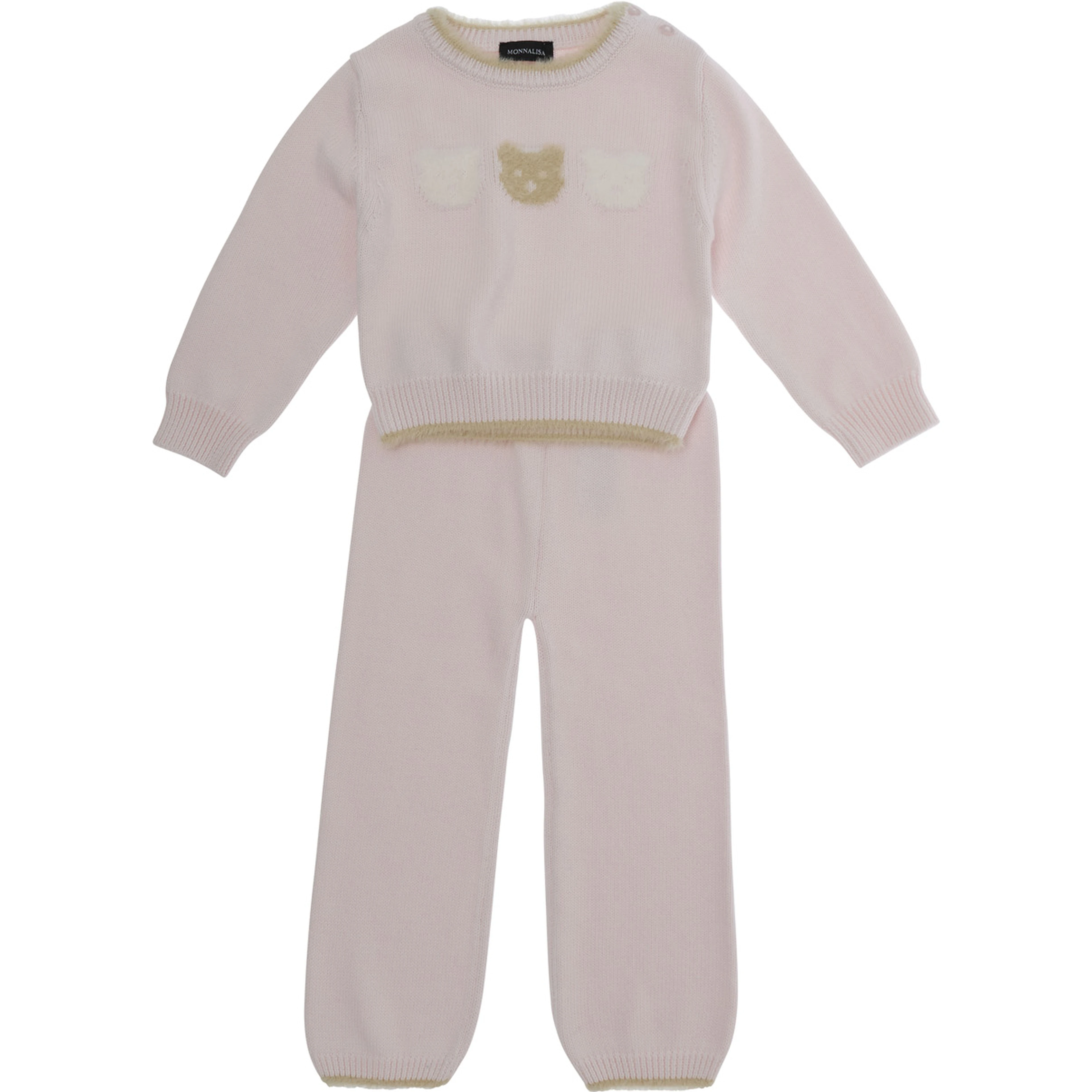 Pink Ensamble with bear embroidery on the front and contrasting trims in Blend cotton and wool baby