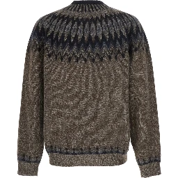 Brown Crewneck Sweater with Jacquard Motif in Alpaca and Wool for Men