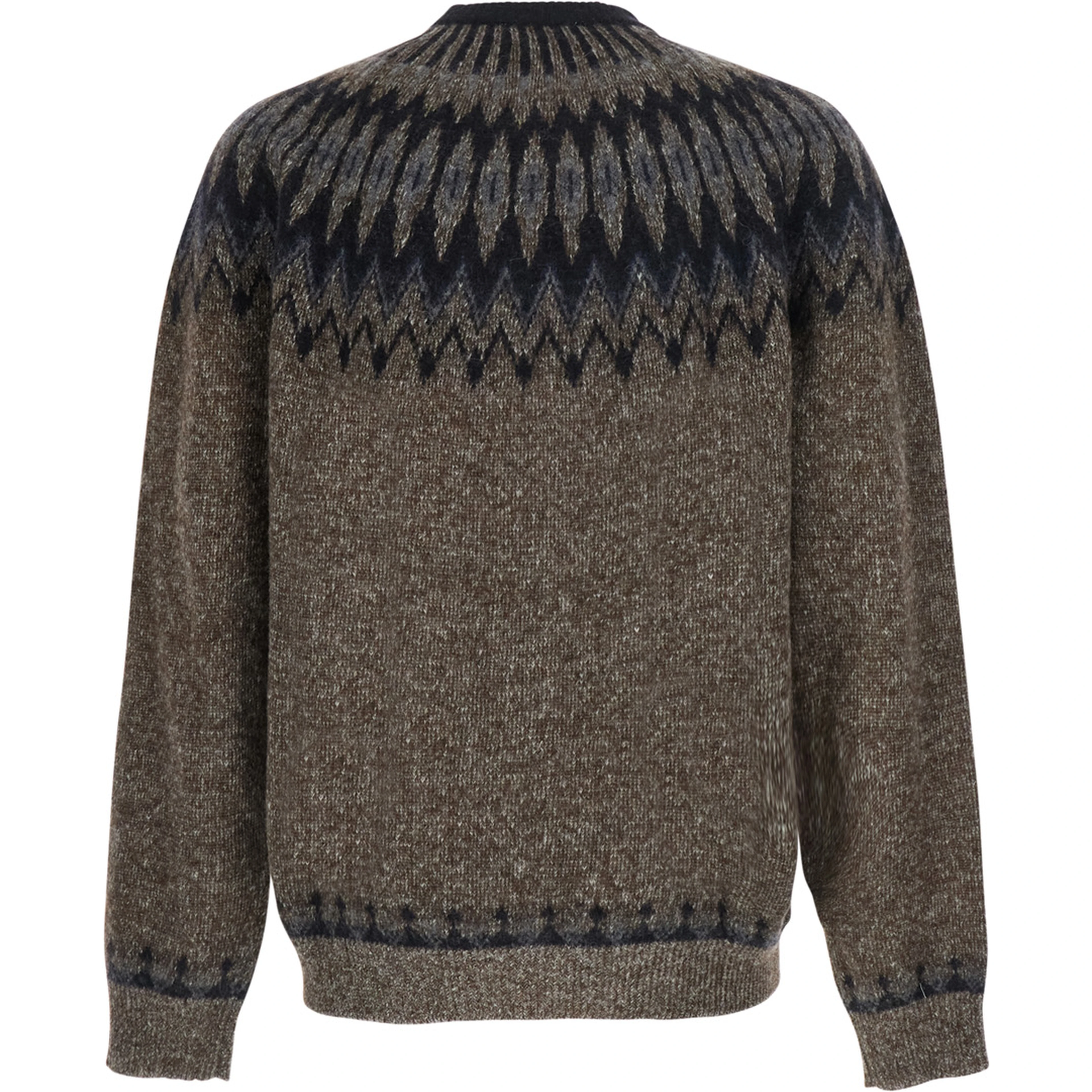 Brown Crewneck Sweater with Jacquard Motif in Alpaca and Wool for Men