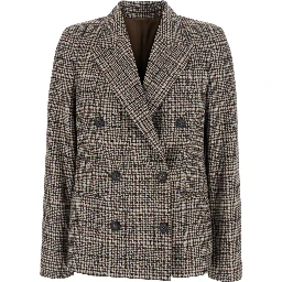 Beige Double-breasted Jacket with Peak Revers and All-Over Check Motif in Wool for Women