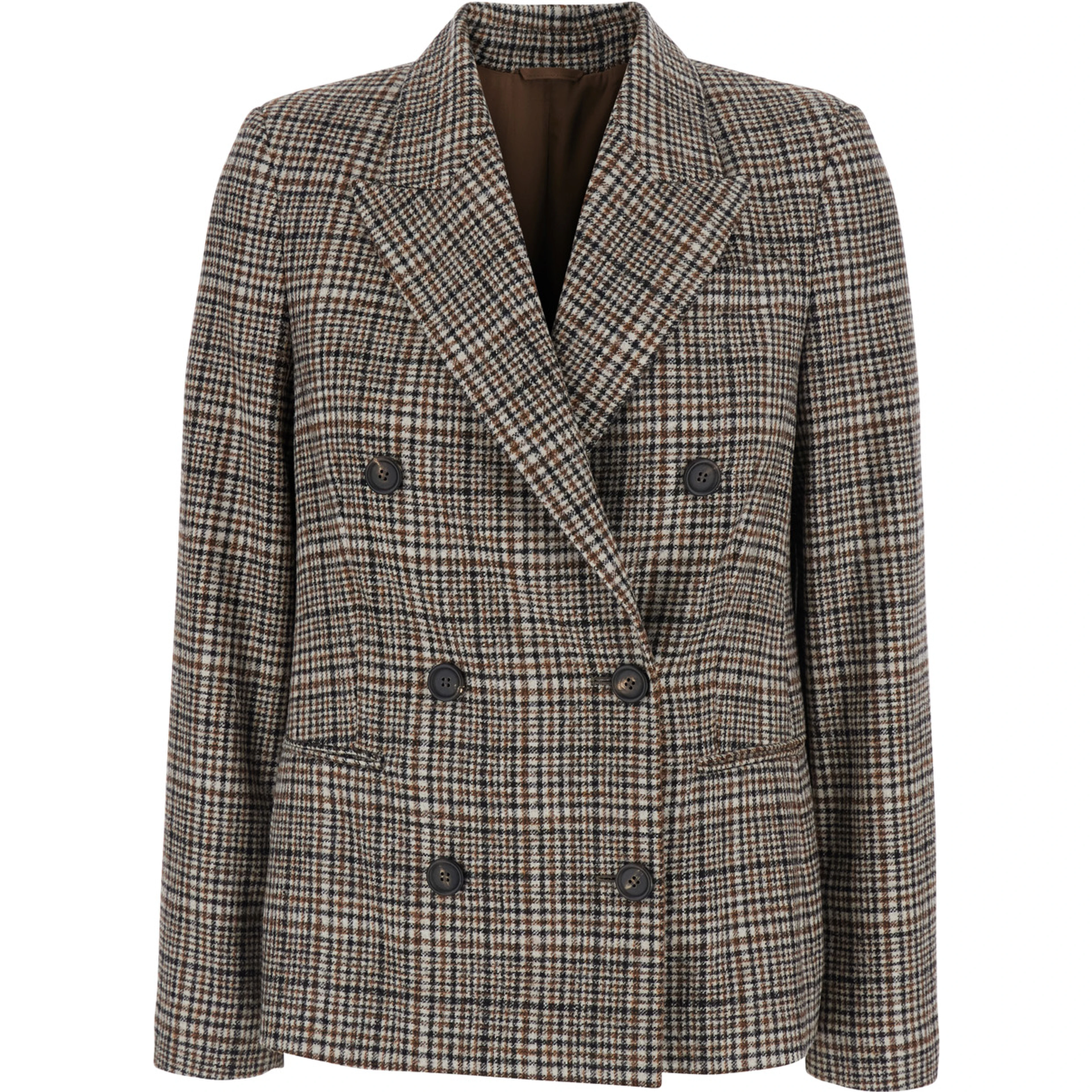 Beige Double-breasted Jacket with Peak Revers and All-Over Check Motif in Wool for Women