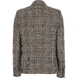 Beige Double-breasted Jacket with Peak Revers and All-Over Check Motif in Wool for Women