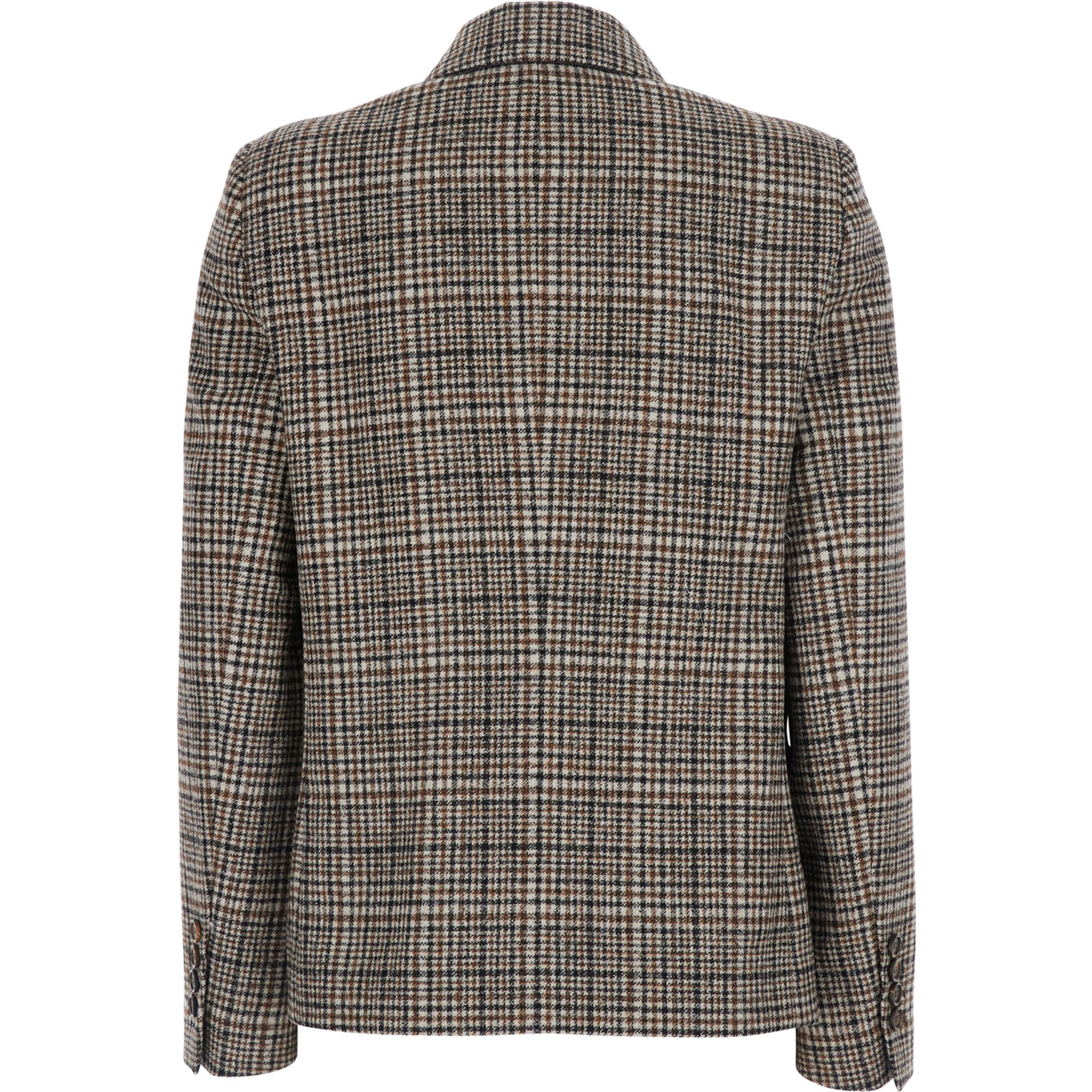 Beige Double-breasted Jacket with Peak Revers and All-Over Check Motif in Wool for Women