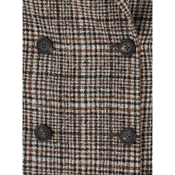 Beige Double-breasted Jacket with Peak Revers and All-Over Check Motif in Wool for Women