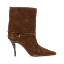 Niki Brown Ankle Strap Booties with Cassandre Charm in Suede for Women