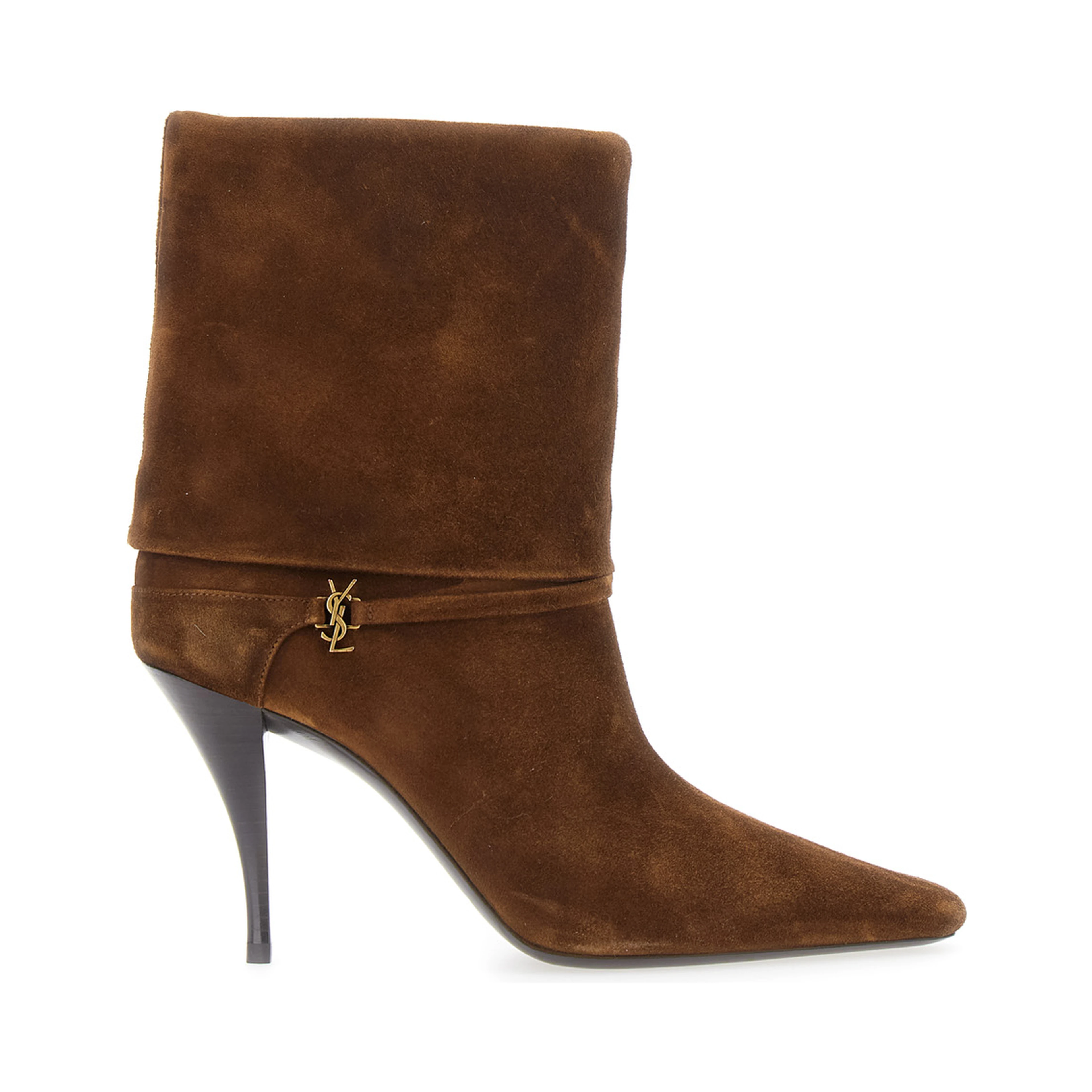 Niki Brown Ankle Strap Booties with Cassandre Charm in Suede for Women