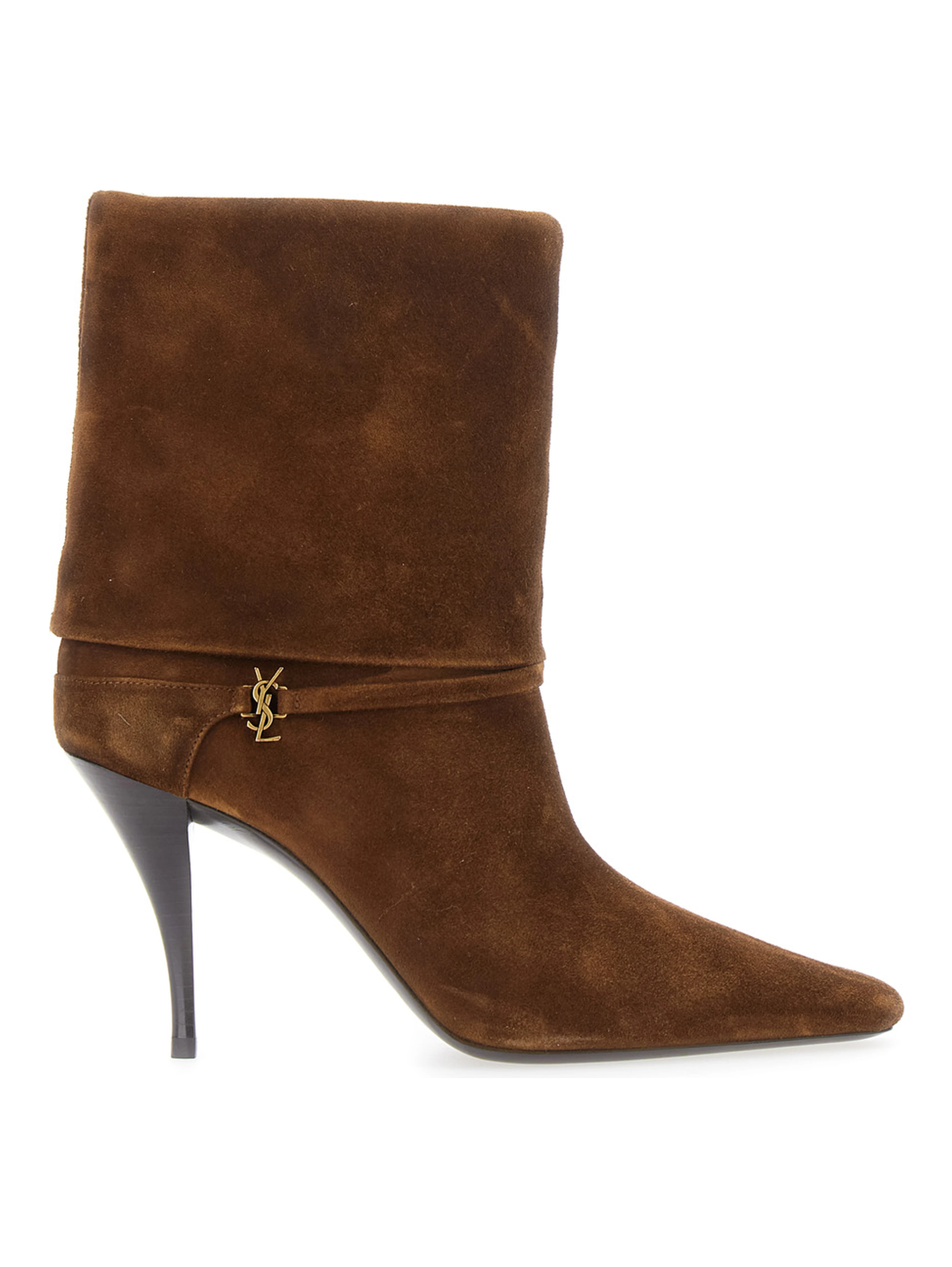 Niki Brown Ankle Strap Booties with Cassandre Charm in Suede for Women
