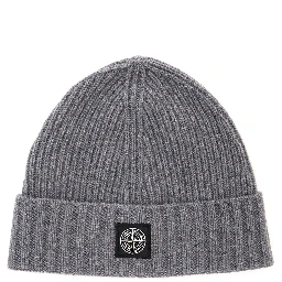 Gray beanie with turn-up brim and logo patch on the front in blend wool boy