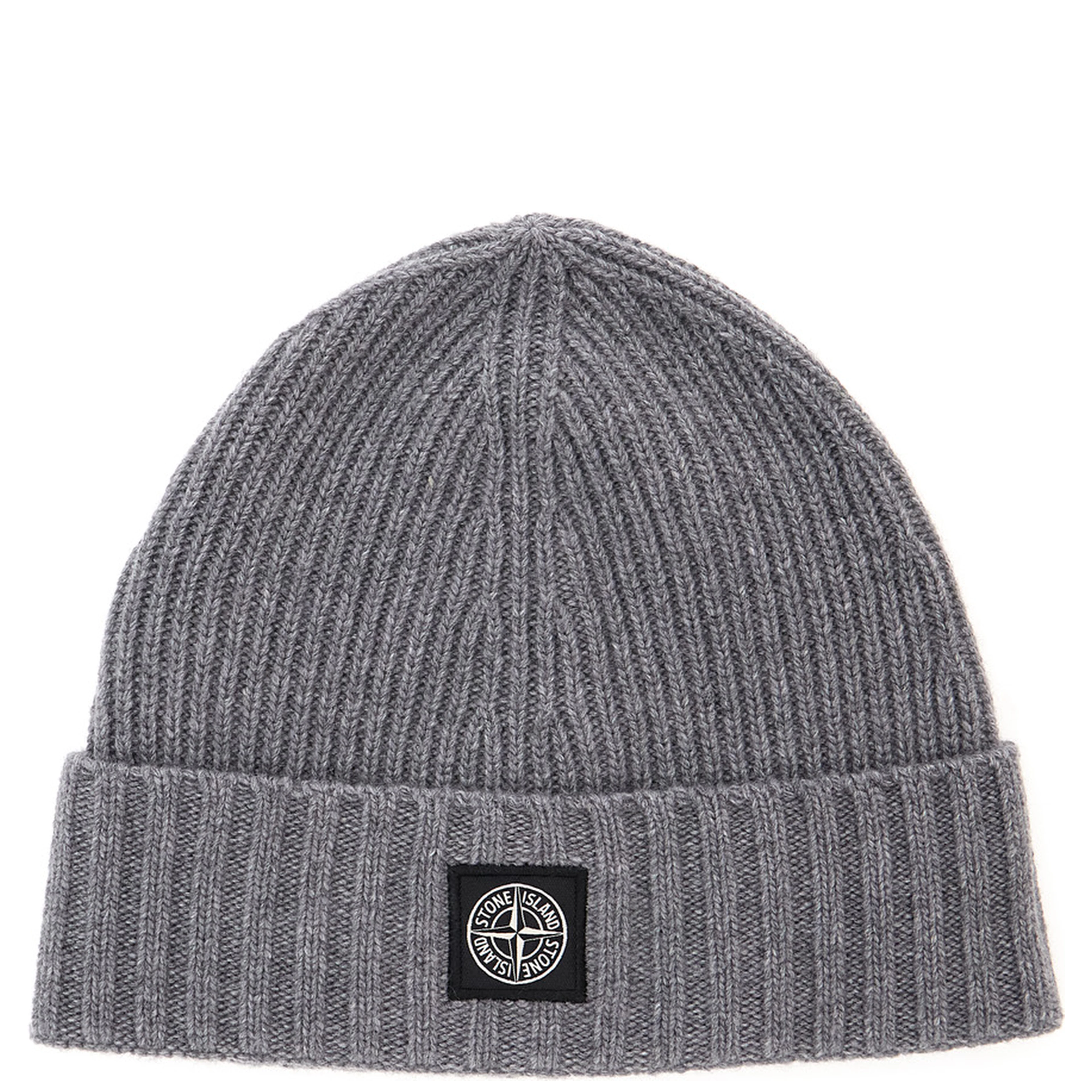 Gray beanie with turn-up brim and logo patch on the front in blend wool boy