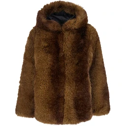 Brown Eco-Fur Coat with Fixed Hood for Women
