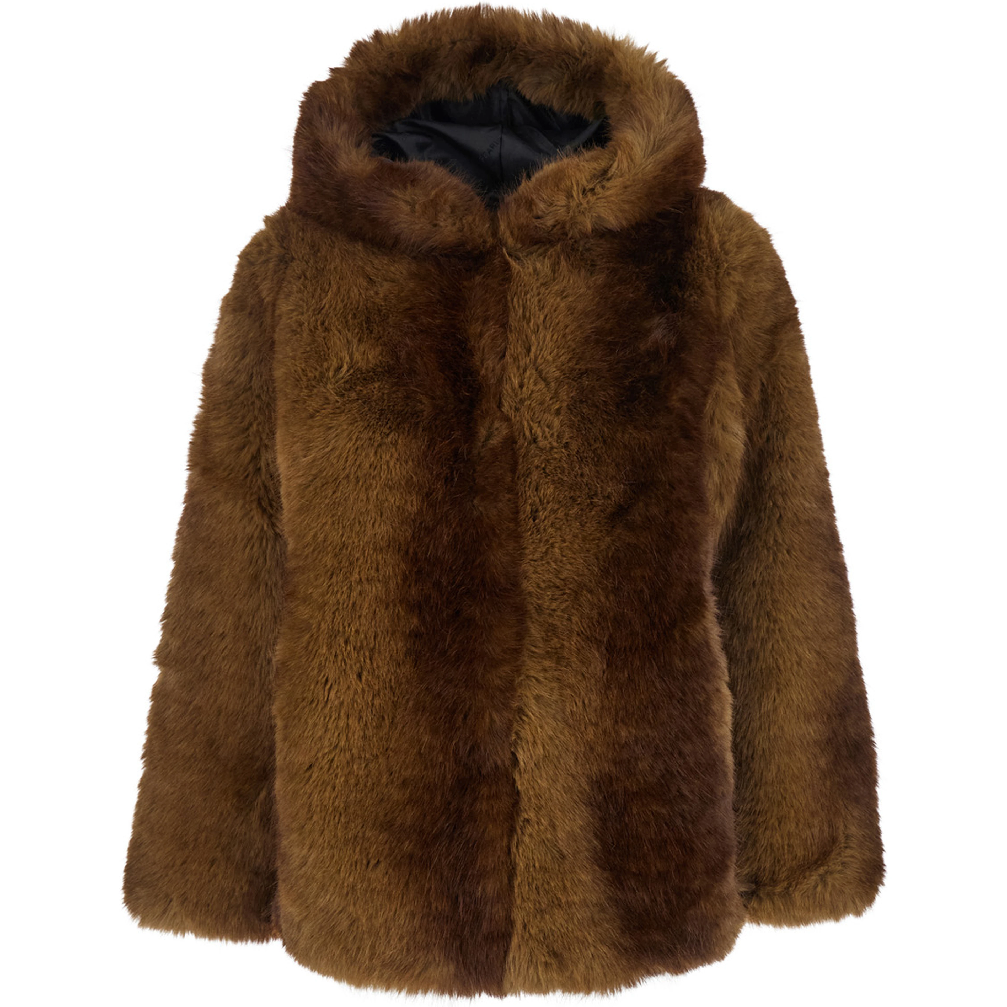 Brown Eco-Fur Coat with Fixed Hood for Women
