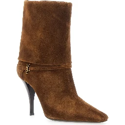Niki Brown Ankle Strap Booties with Cassandre Charm in Suede for Women