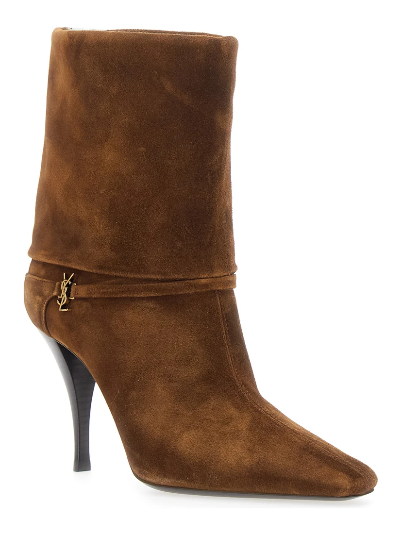 Niki Brown Ankle Strap Booties with Cassandre Charm in Suede for Women
