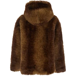 Brown Eco-Fur Coat with Fixed Hood for Women