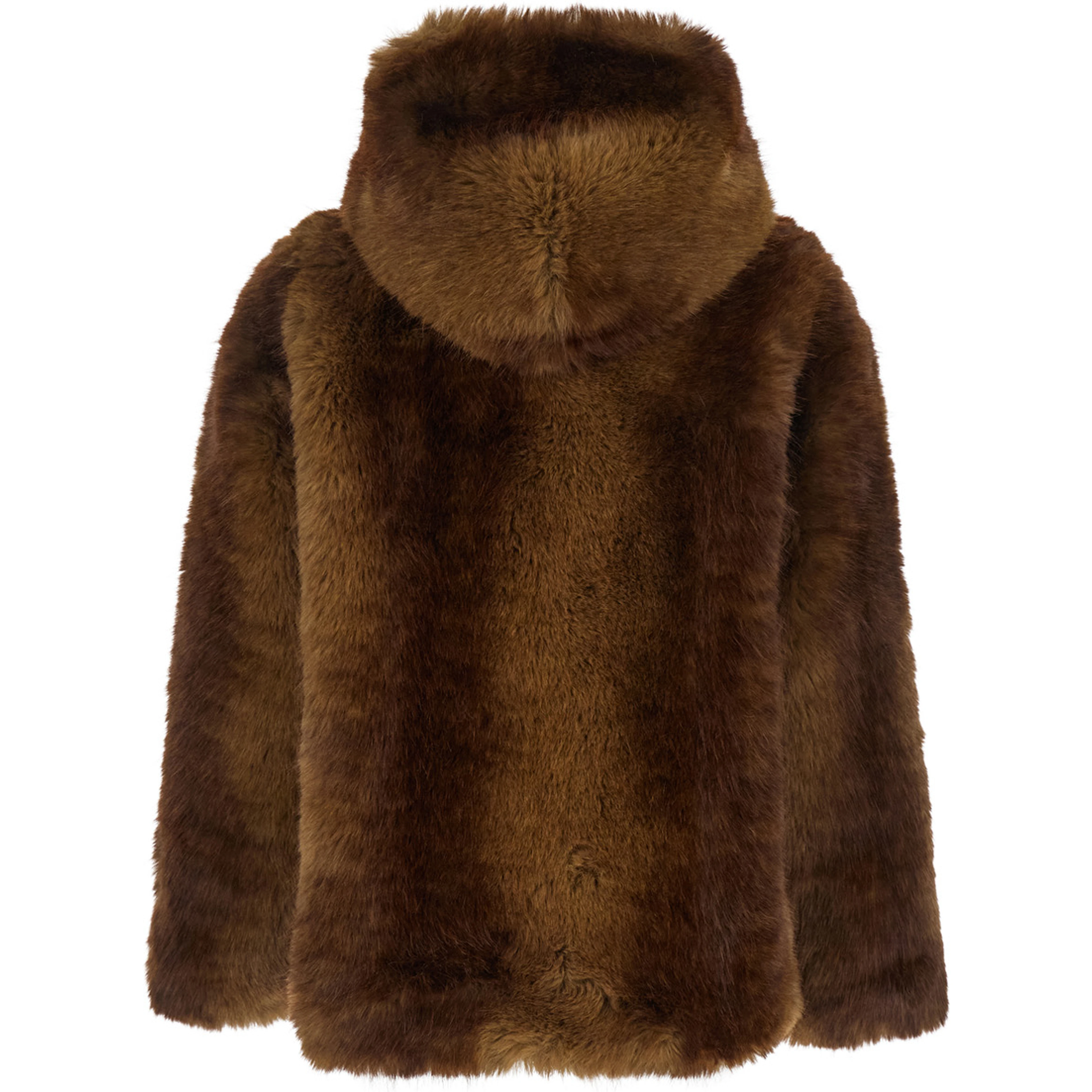 Brown Eco-Fur Coat with Fixed Hood for Women