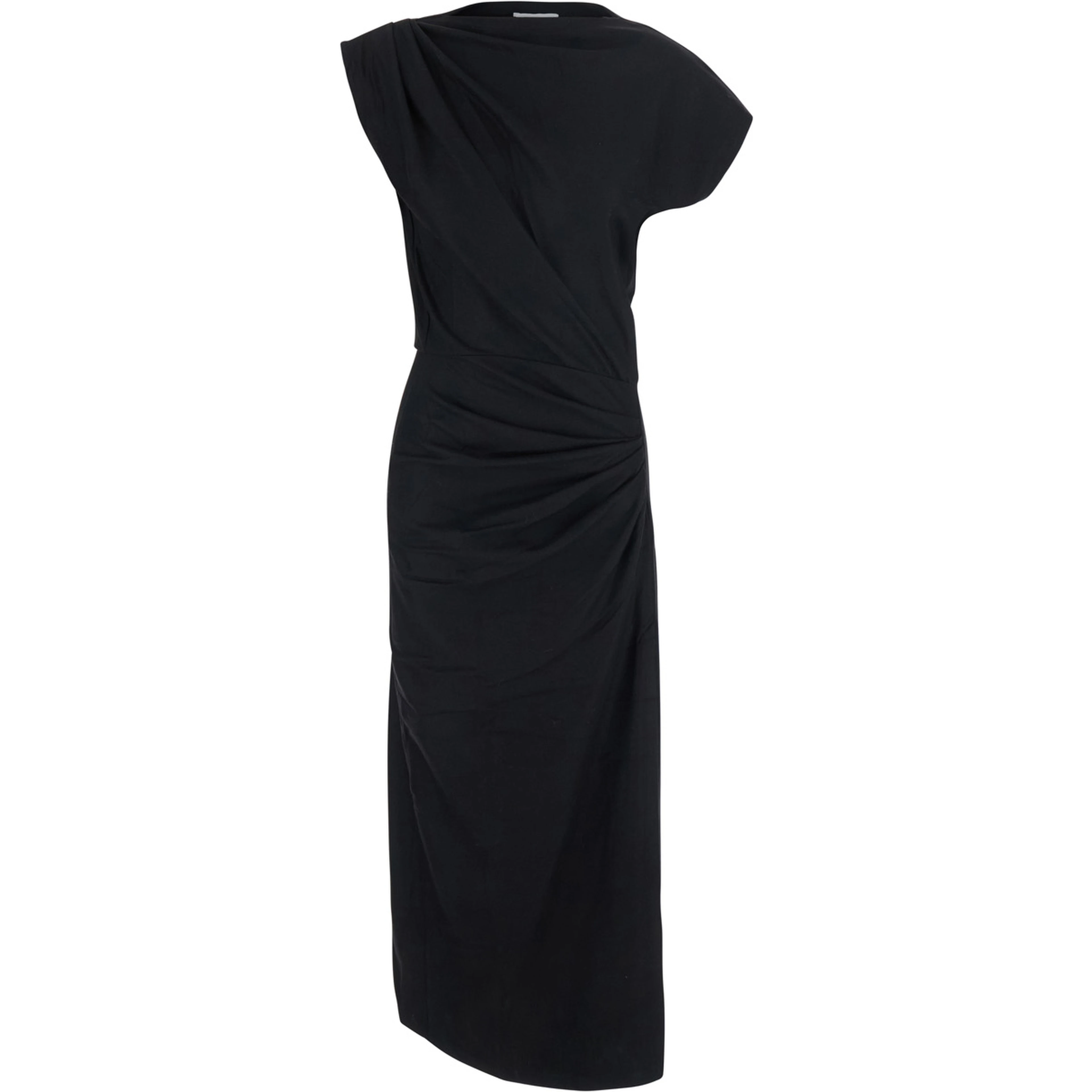 NAERYS black Long dress with asymmetric design and all-over ruching in fabric for women