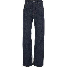 Blue Jeans with contrasting stitching and logo patch on the back in denim for women