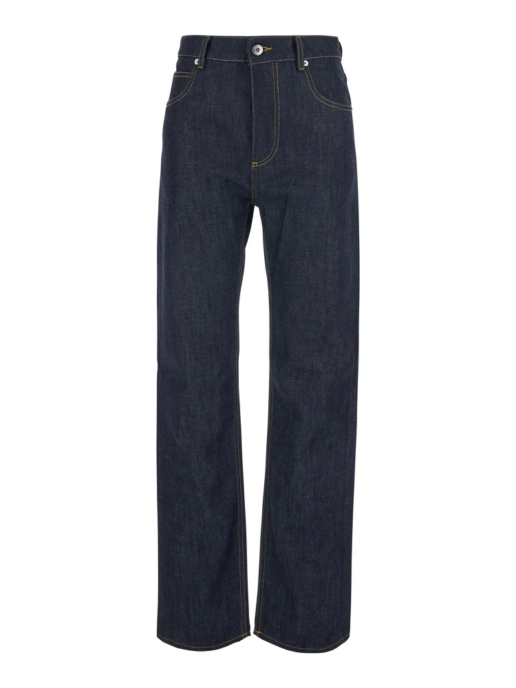 Blue Jeans with contrasting stitching and logo patch on the back in denim for women
