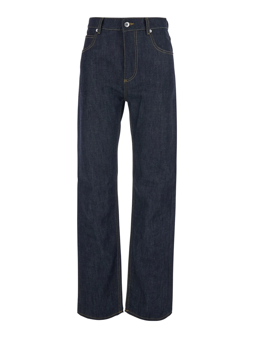 Blue Jeans with contrasting stitching and logo patch on the back in denim for women