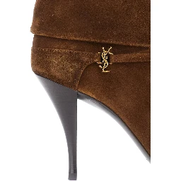 Niki Brown Ankle Strap Booties with Cassandre Charm in Suede for Women