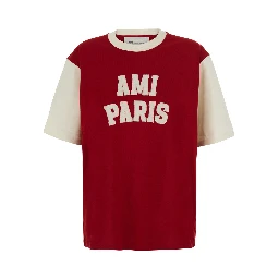 red T-shirt with embroidered logo on the front in cotton for women