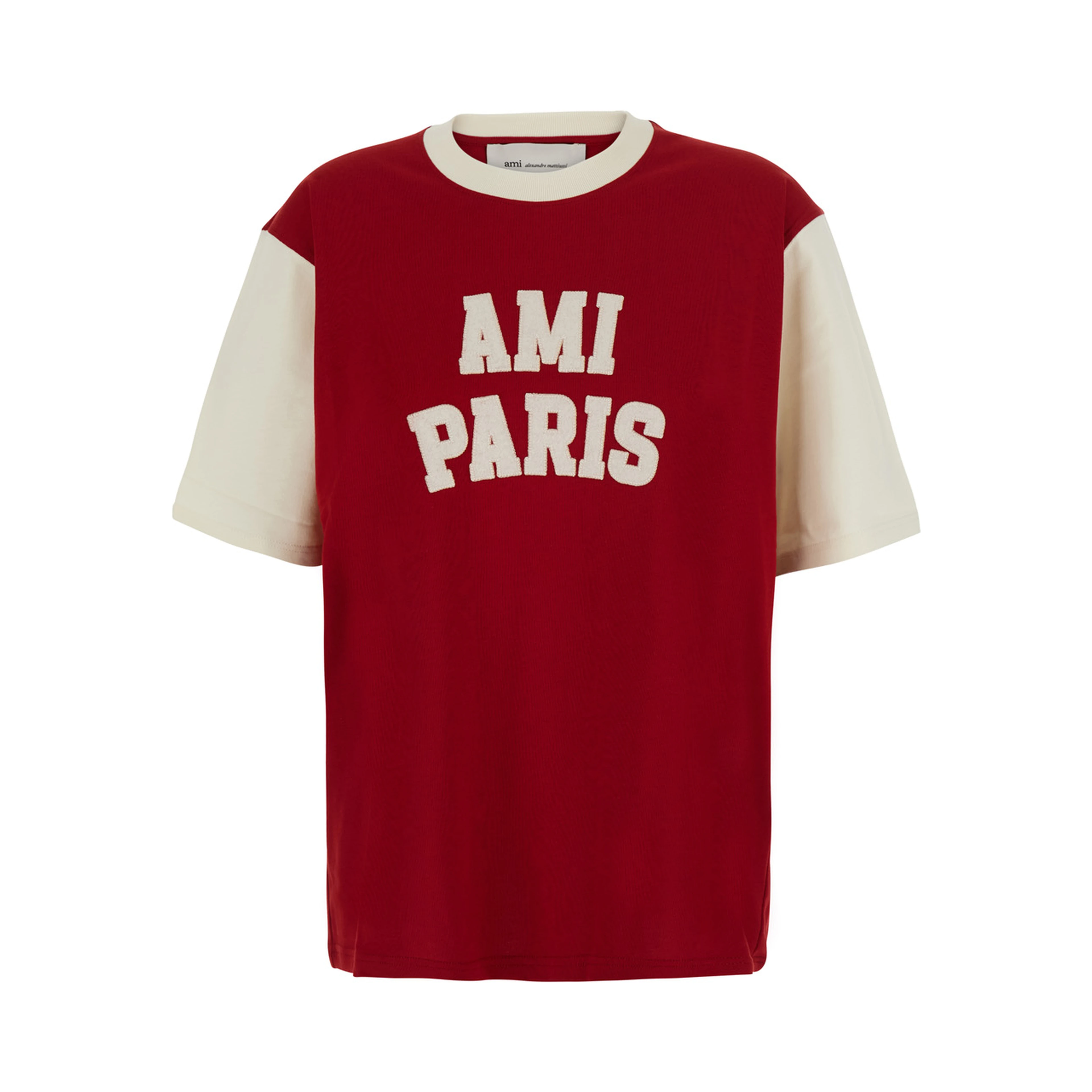 red T-shirt with embroidered logo on the front in cotton for women