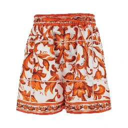 Orange shorts with all-over Maiolica print in silk for women