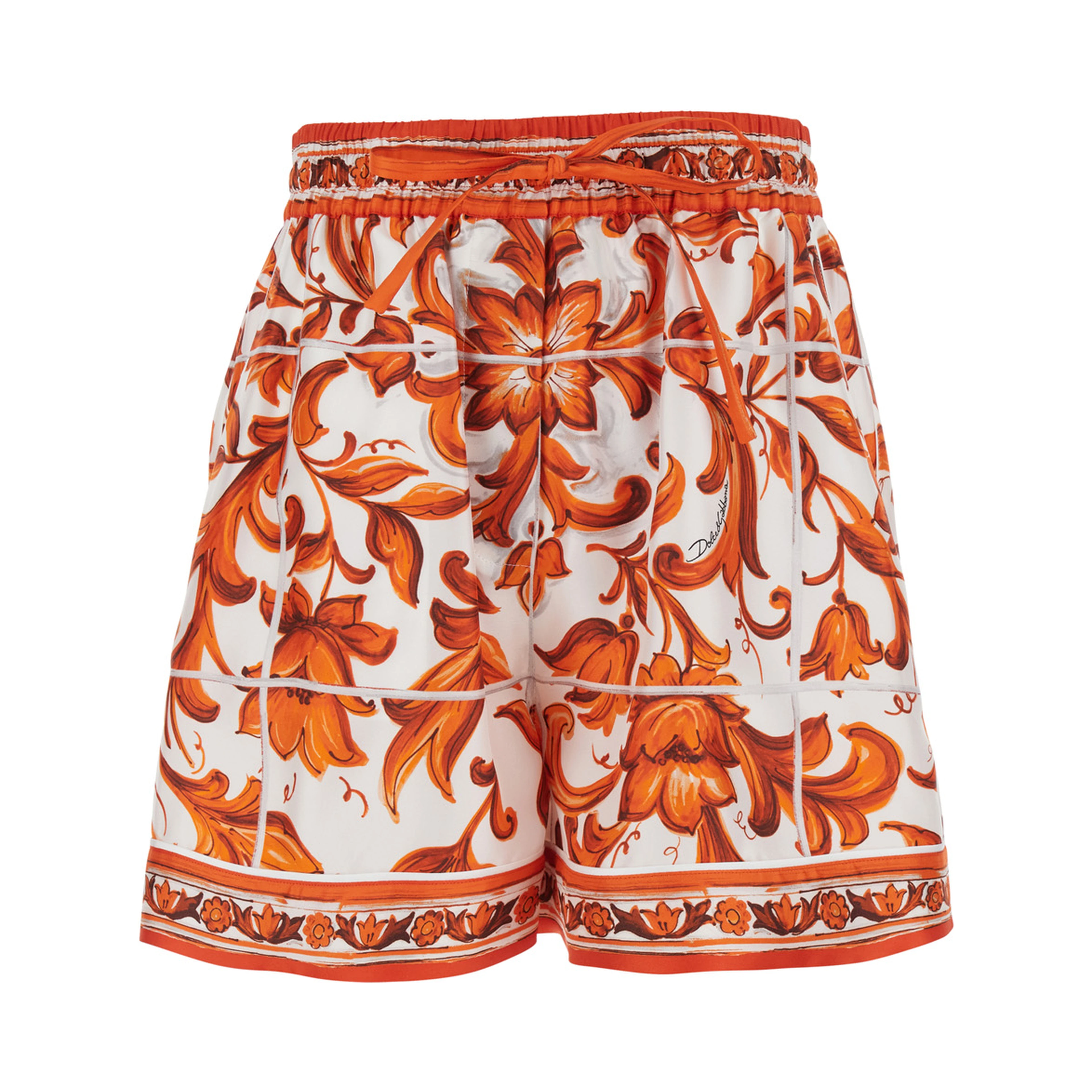 Orange shorts with all-over Maiolica print in silk for women