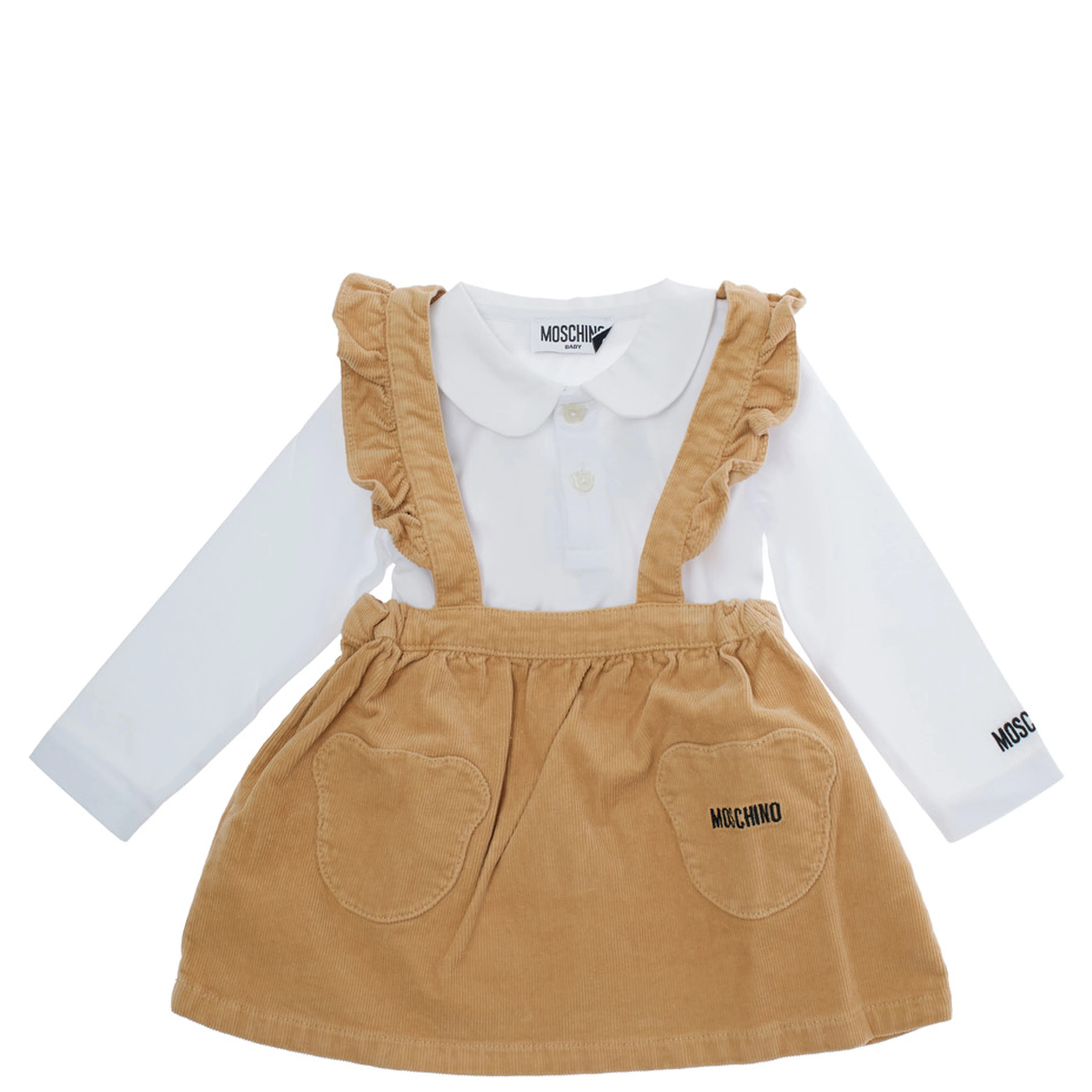 Brown and white Outfit with velvet skirt and logo lettering on the front in cotton baby