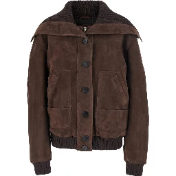 Brown Bomber Jacket with High Ribbed Collar in Suede for Women
