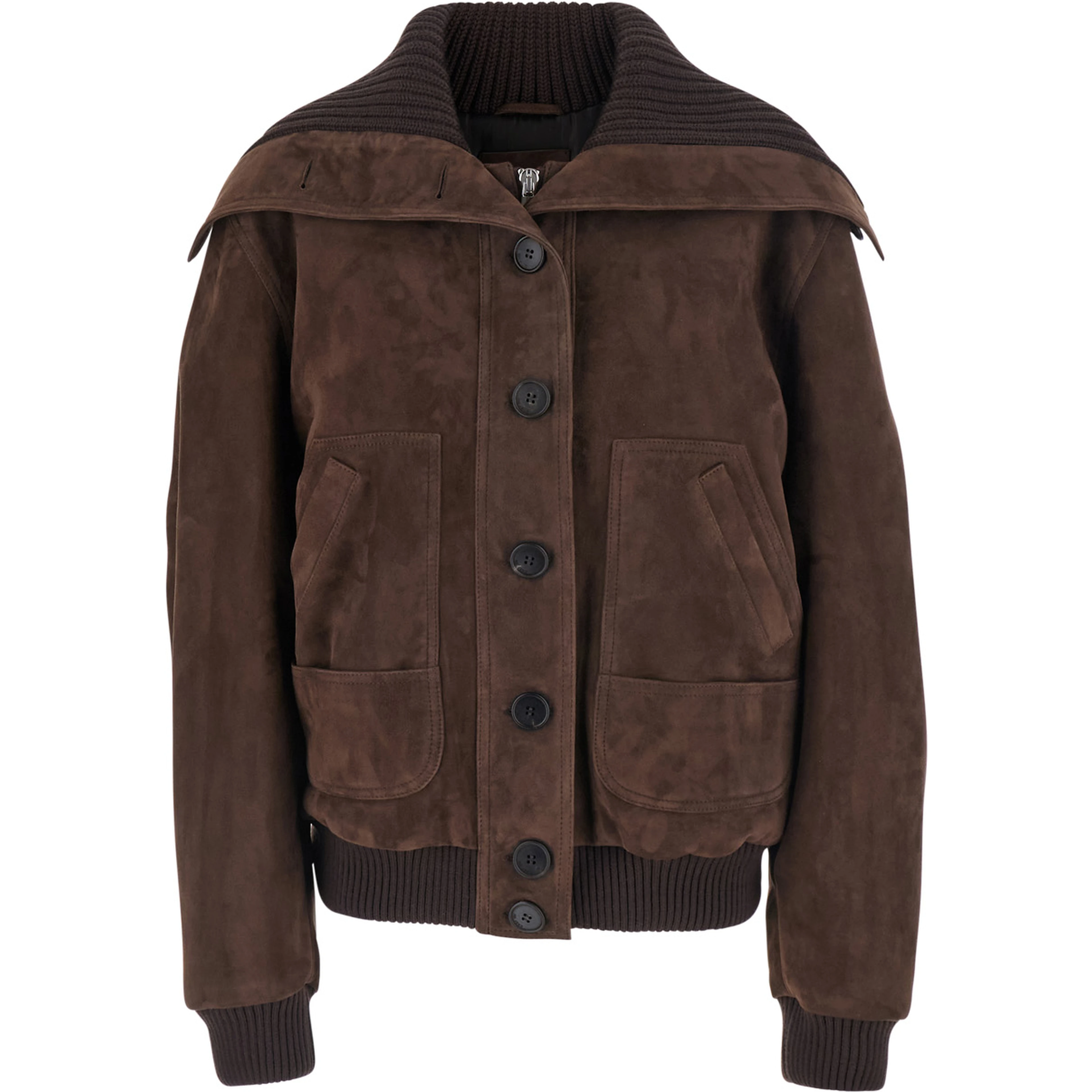 Brown Bomber Jacket with High Ribbed Collar in Suede for Women