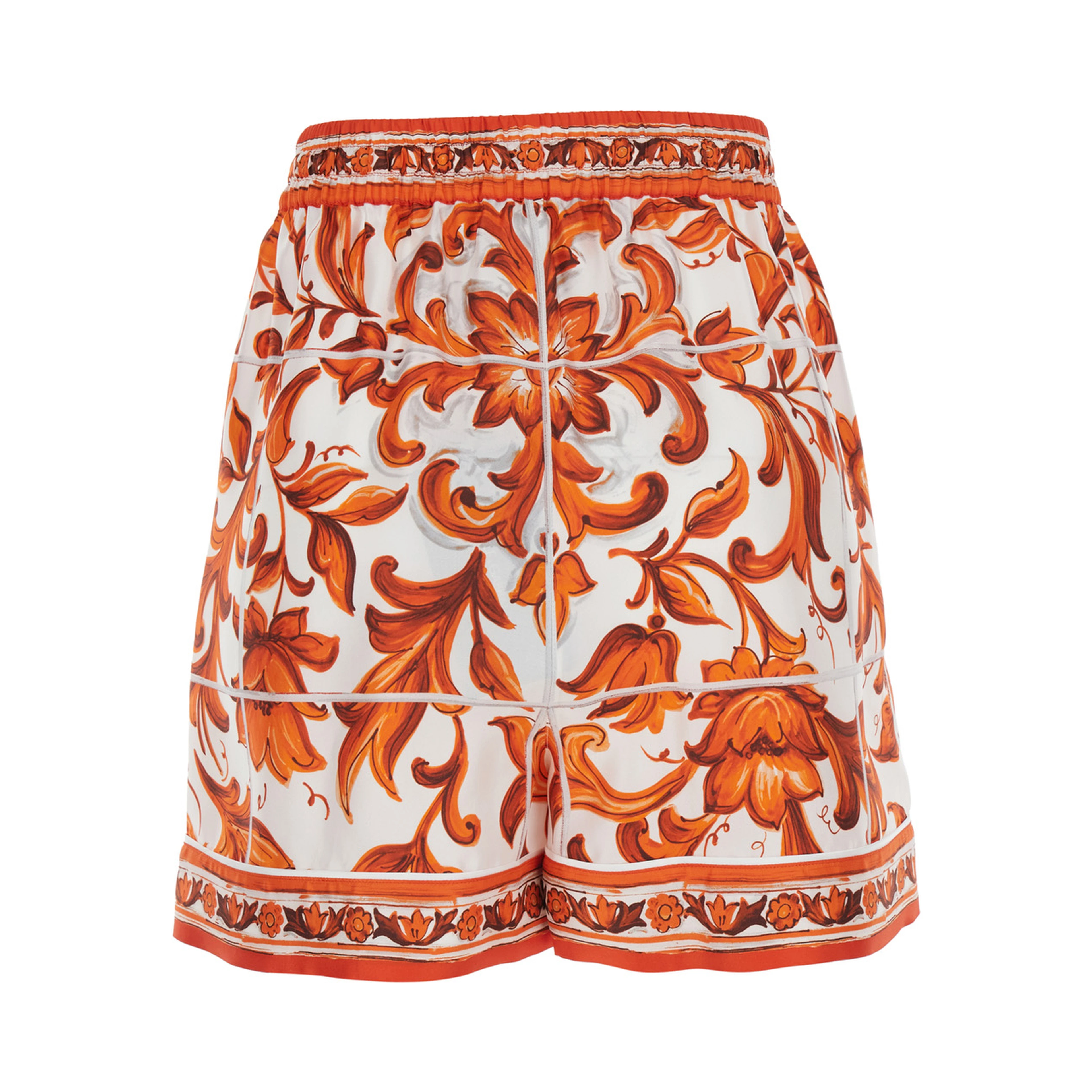 Orange shorts with all-over Maiolica print in silk for women