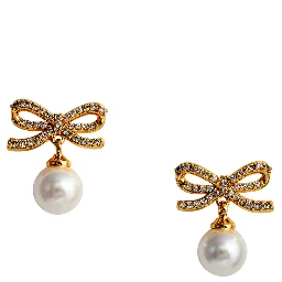 Gold Colored Earings with Bow and Pearl in Metal for Women