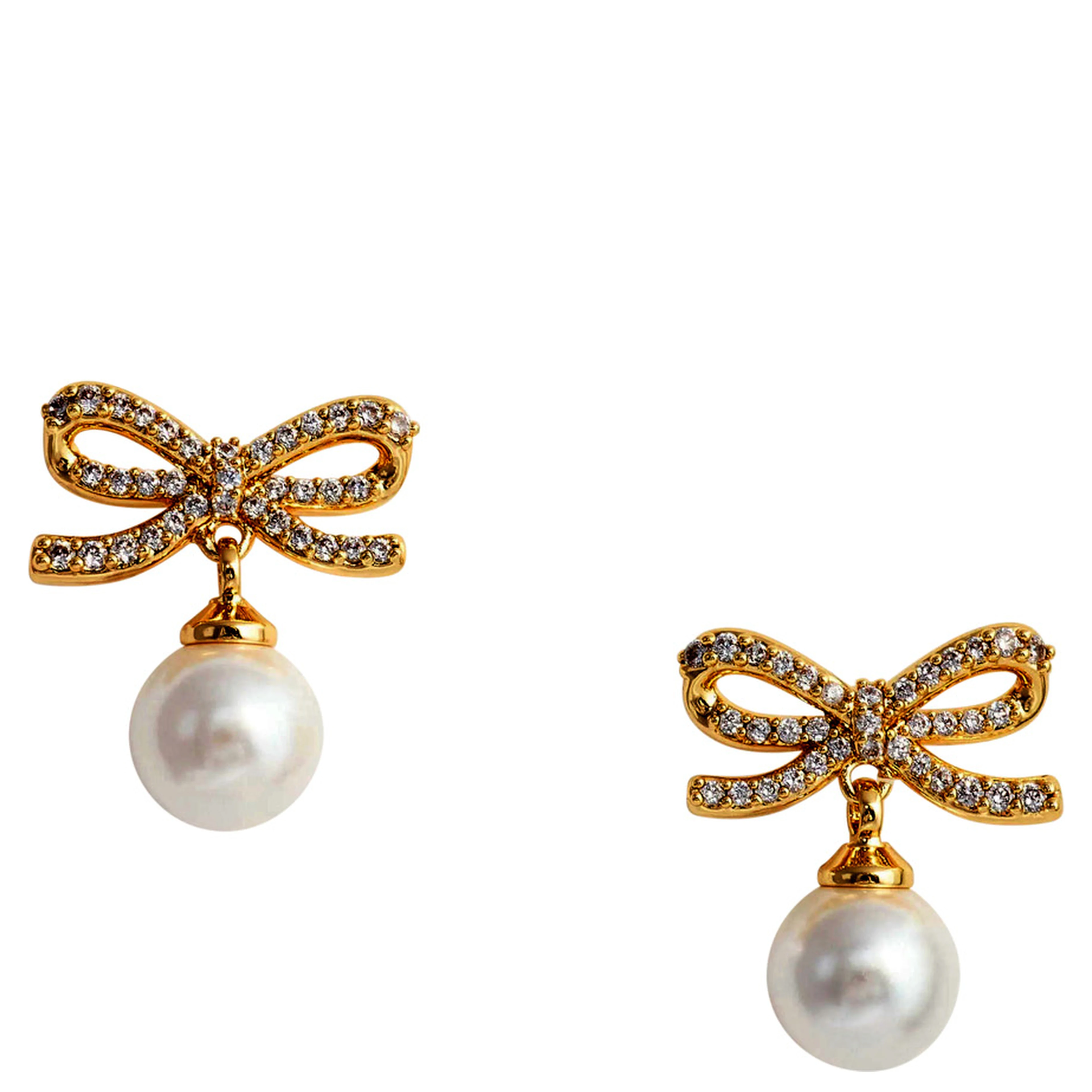 Gold Colored Earings with Bow and Pearl in Metal for Women