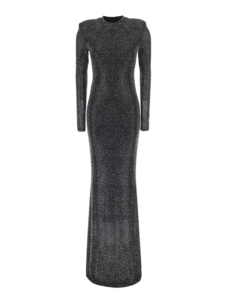 Kaira black Long dress with all-over applied rhinestones in fabric for women