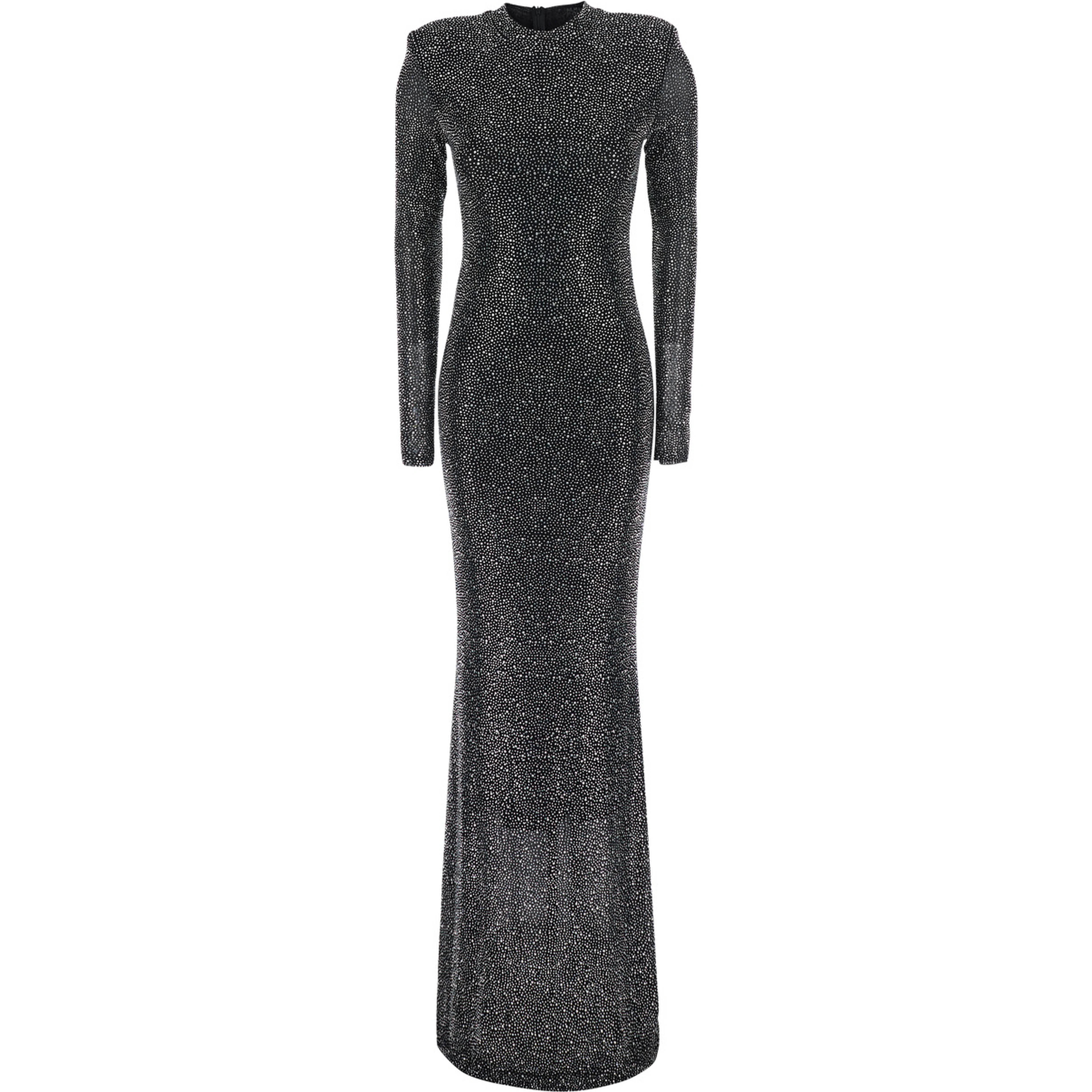 Kaira black Long dress with all-over applied rhinestones in fabric for women