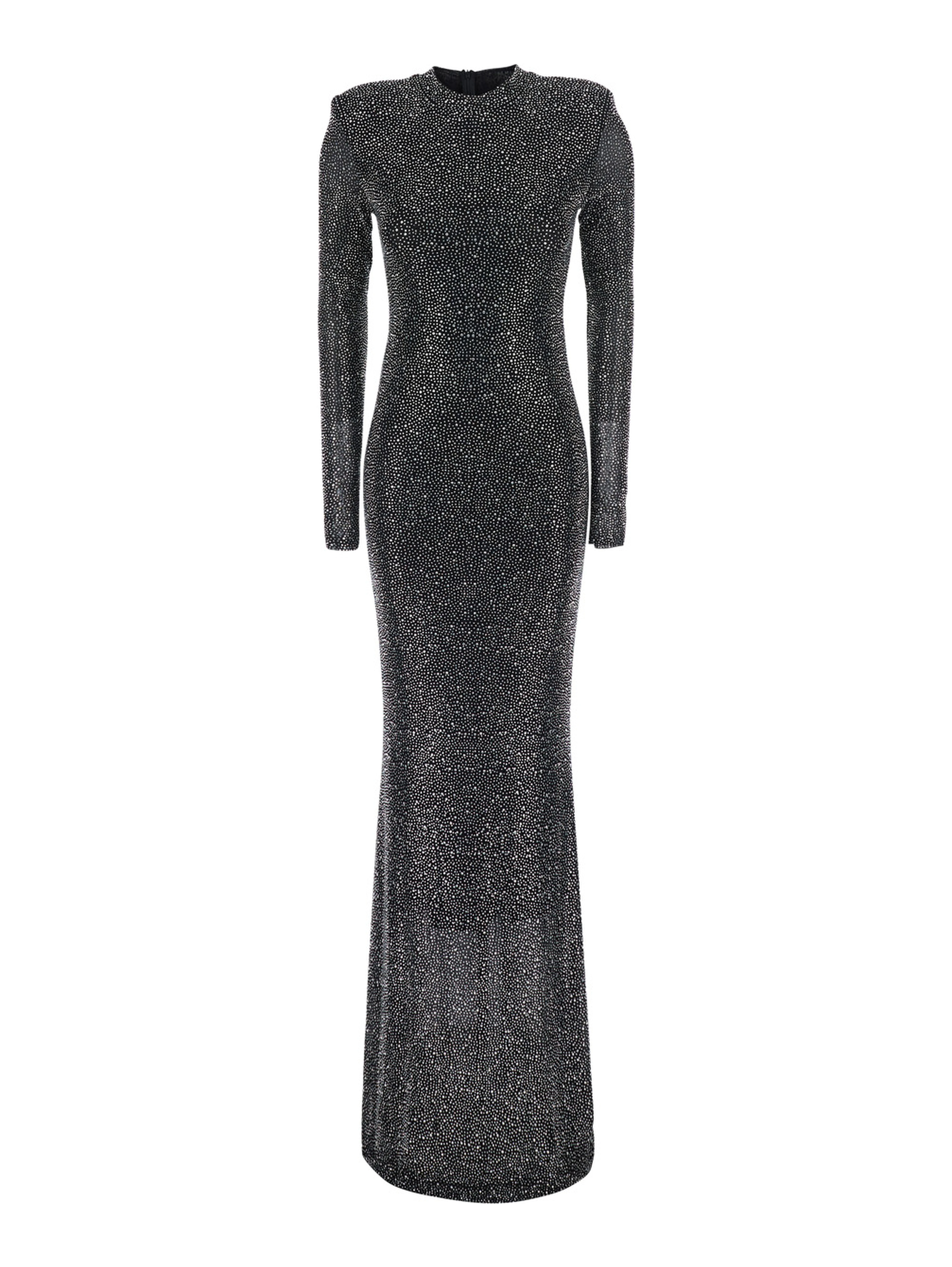 Kaira black Long dress with all-over applied rhinestones in fabric for women