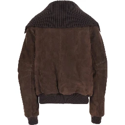 Brown Bomber Jacket with High Ribbed Collar in Suede for Women