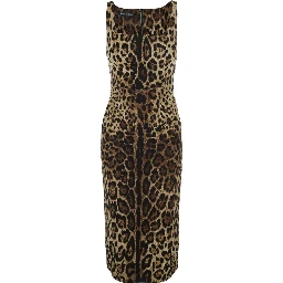Brown Sleeveless Midi Dress with All-Over Leopard Print in Silk Stretch for Women