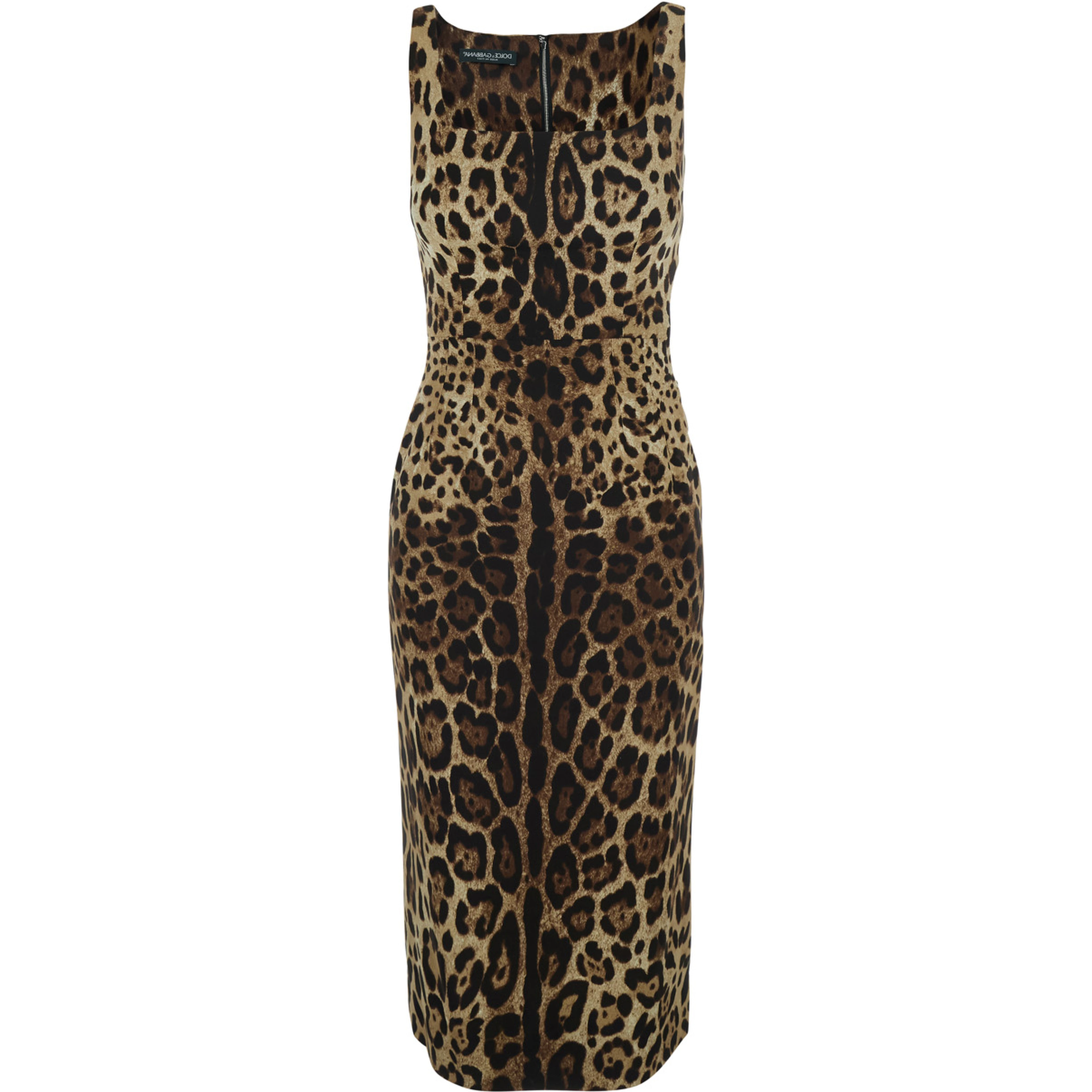Brown Sleeveless Midi Dress with All-Over Leopard Print in Silk Stretch for Women