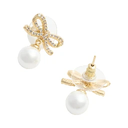 Gold Colored Earings with Bow and Pearl in Metal for Women