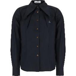 black Oversized pointed-collar shirt with embroidered logo on the front in Cotton for women
