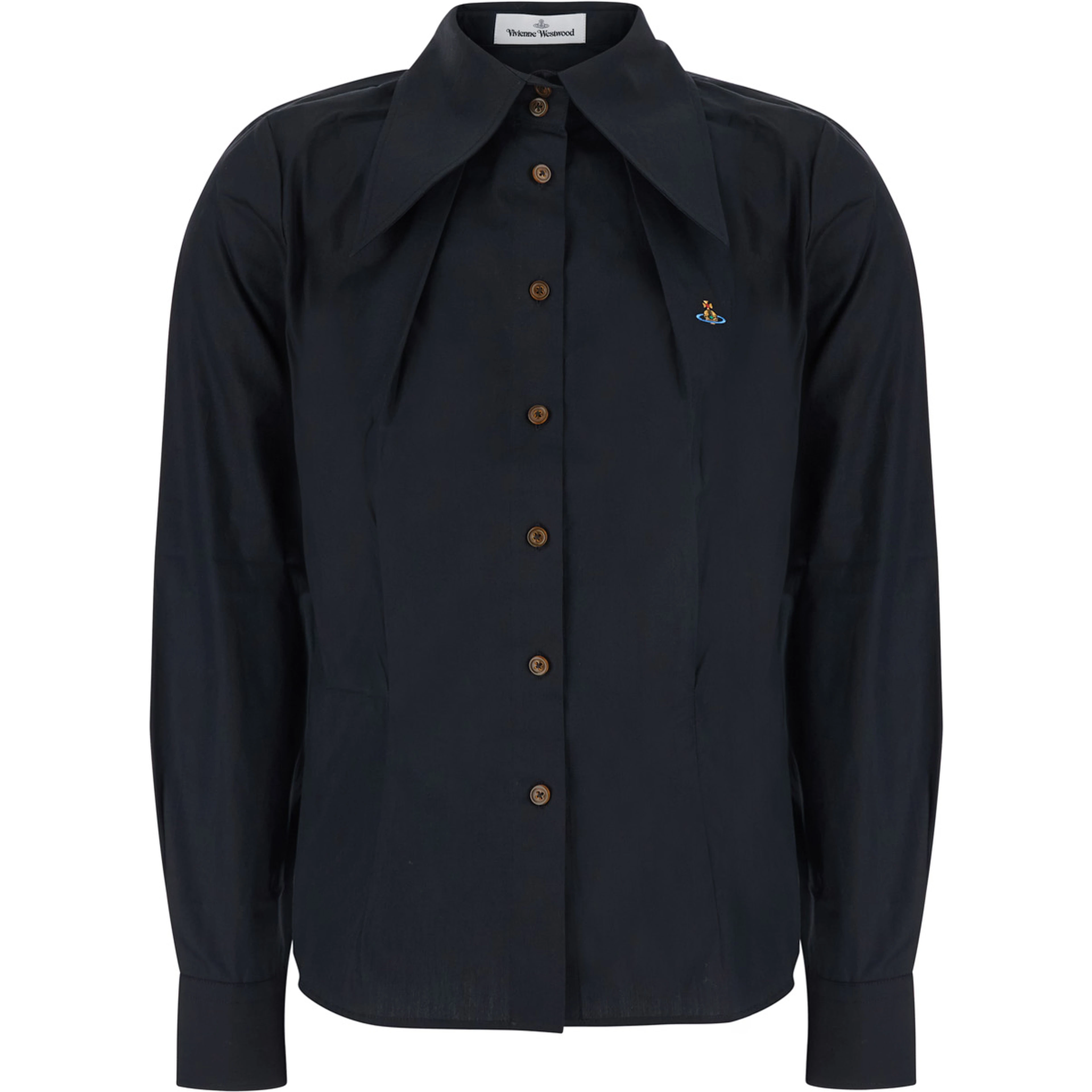 black Oversized pointed-collar shirt with embroidered logo on the front in Cotton for women