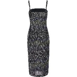 Multicolor Midi Dress with Spaghetti Straps and  All-Over Sequins ZigZag Motif in Tech Fabric for Women