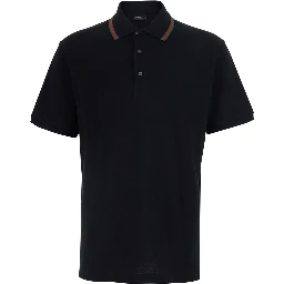 Black Polo Shirt with Web Collar and Short Sleeves in Cotton for Men