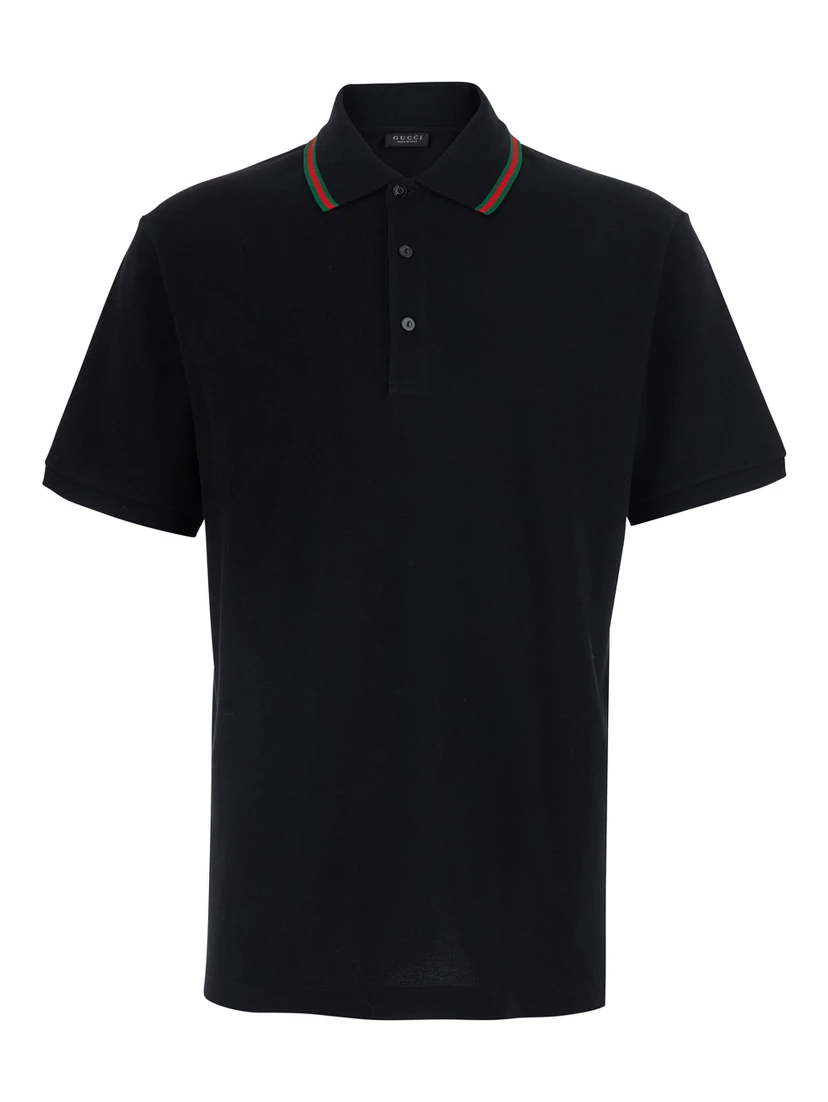 Black Polo Shirt with Web Collar and Short Sleeves in Cotton for Men