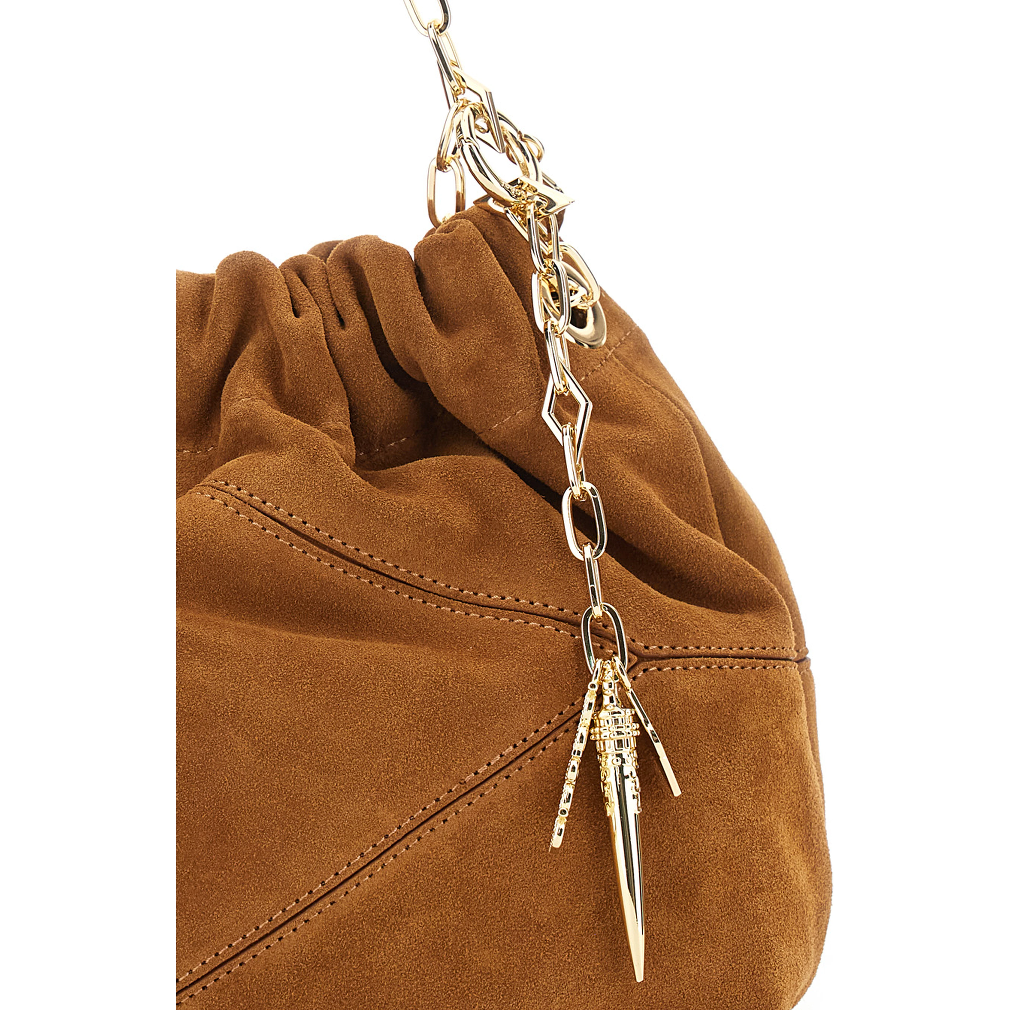 June Beige Shoulder bag with chain strap and charms in suede for women