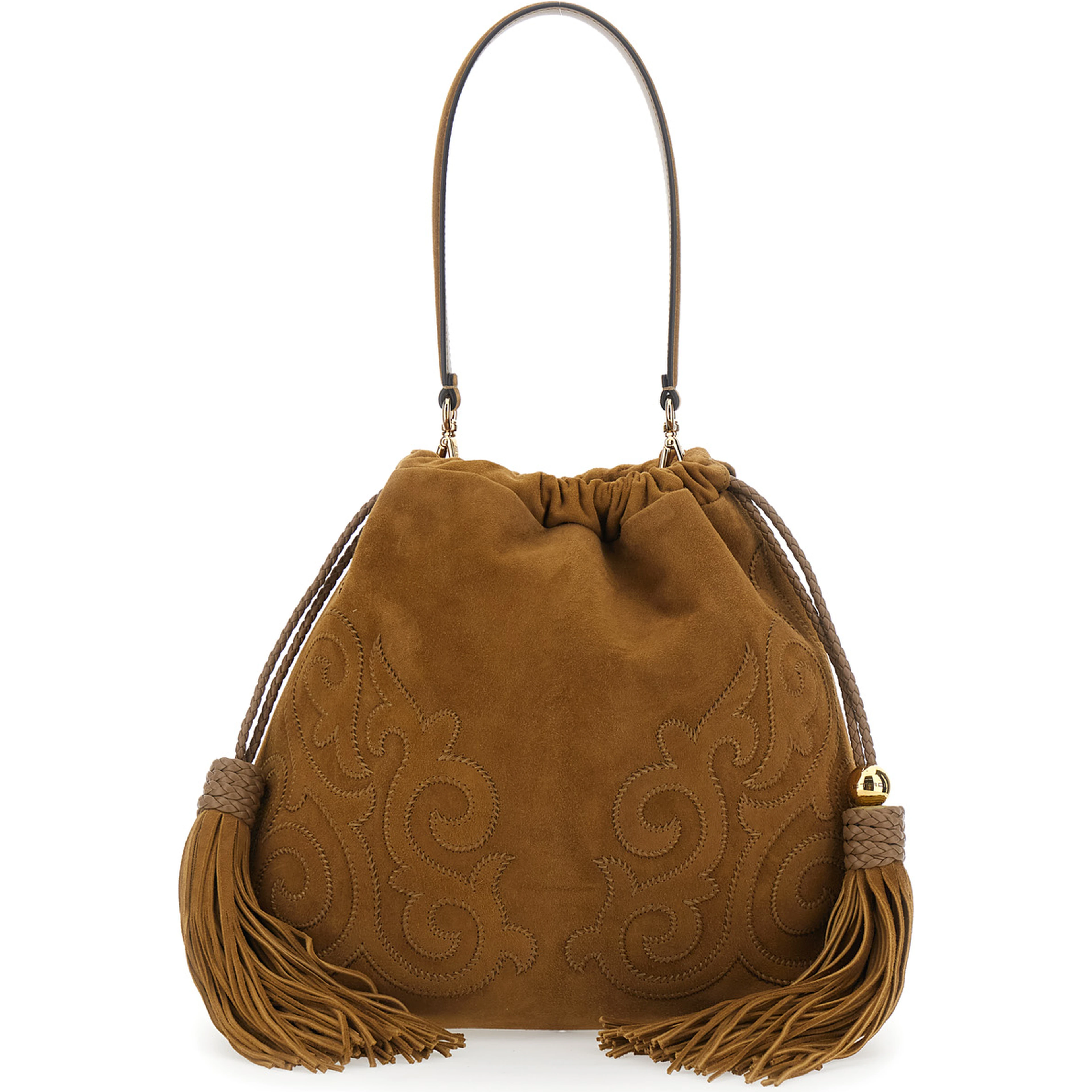 Kalispera Brown Shoulder bag with Drawstring Closure and Tassels on the Front in Suede for Women