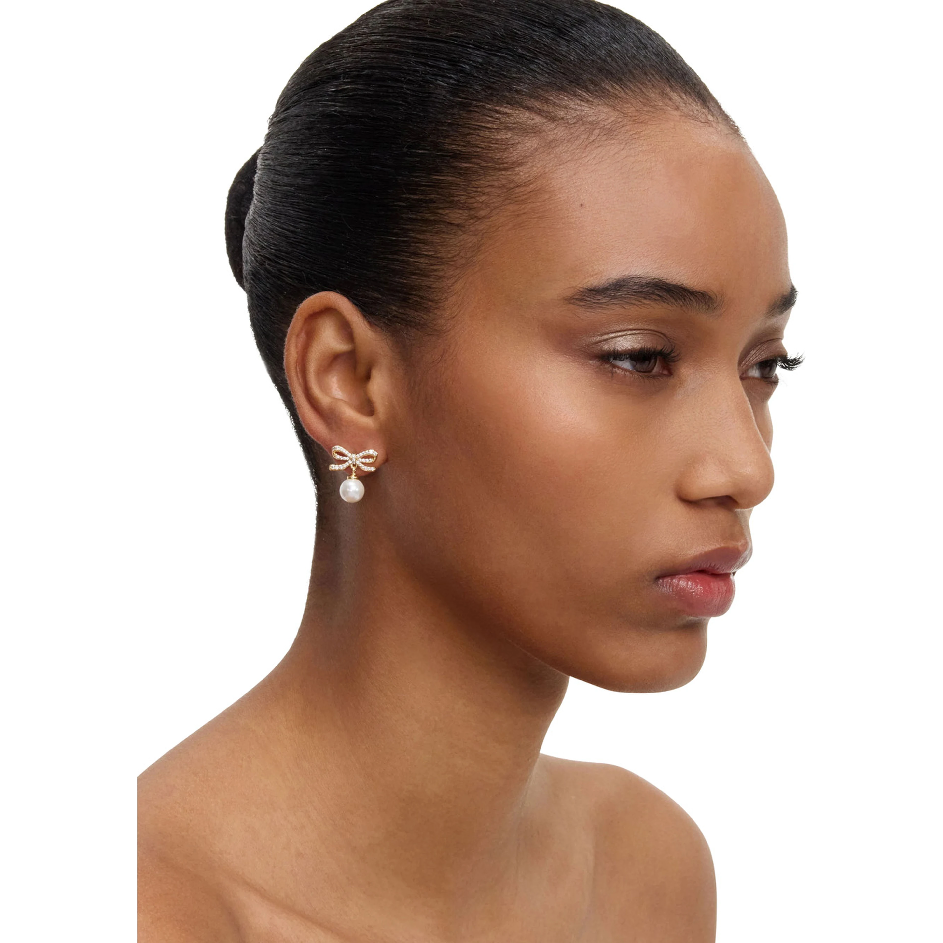 Gold Colored Earings with Bow and Pearl in Metal for Women